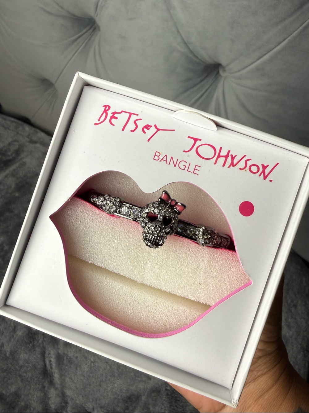 Betsey Johnson Crystal Sugar Skull Hinged Bangle Bracelet New in Box